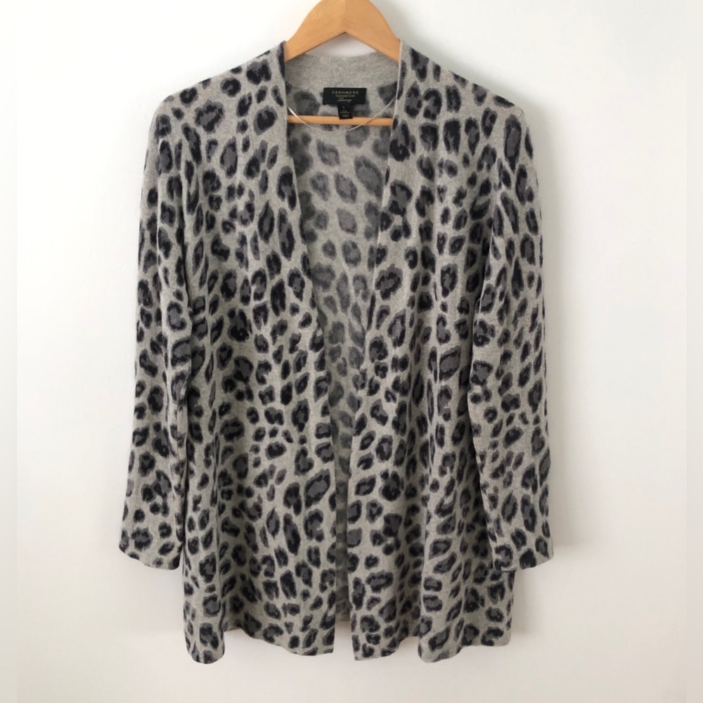 Women's Charter Club Gray Leopard Print Cashmere Long Sleeve Open Cardigan L